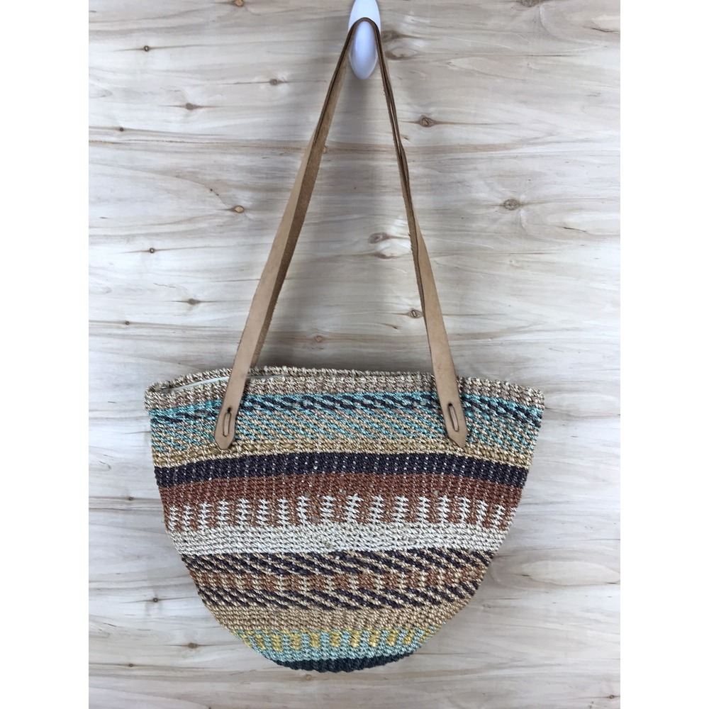 Vintage Woven Striped Sisal Market Jute Tote Bag Long Leather Handles Zip